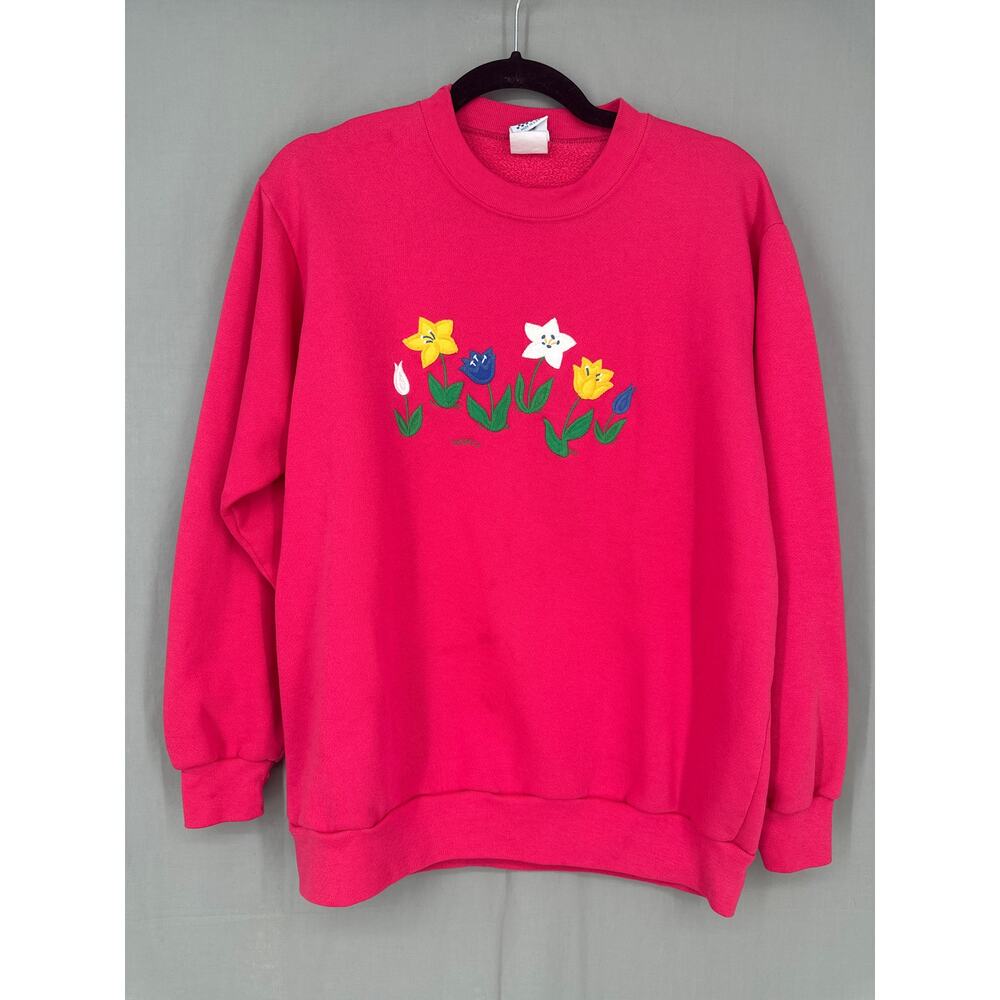 90s Vintage Sweatshirt Womens Medium Pink Floral Flowers Granny Cottagecore Boho
